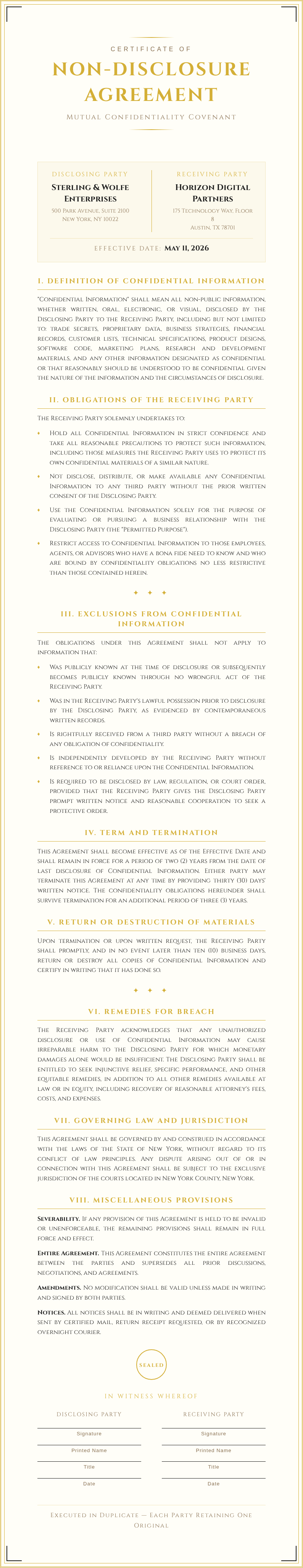 Certificate award Non Disclosure Agreement